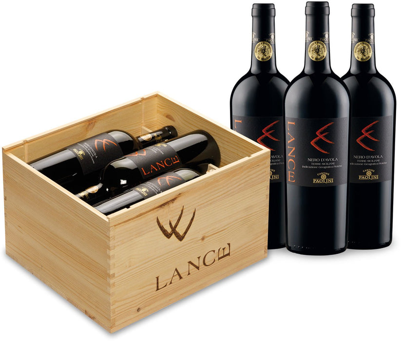 6er Weinpaket Lance Terre Siciliane 2021 Nero d'Avola in Holzkiste Rotwein - Spree Gourmet
